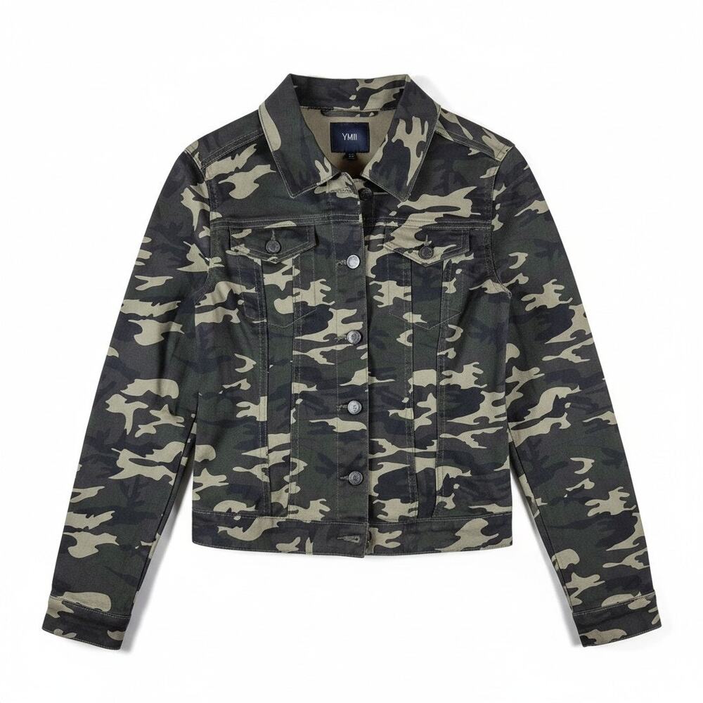 YMI Camo Denim Jacket Military Utility Stretch Woodland Camouflage M Streetwear